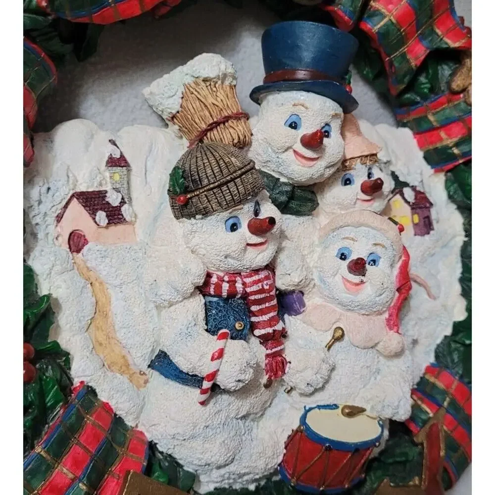 Christmas Resin Wreath Hanging Joy Snowmen Green Plaid Bow Door Decor Plaid